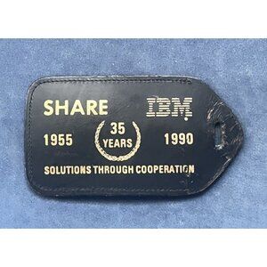 1990 Vtg IBM Genuine Leather Luggage Briefcase Tag 35 Year 1955 Embossed Gold